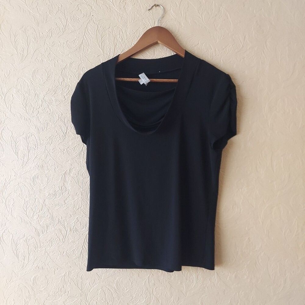 Tahari Arthur S Levine Black Dowl Neck Short Sleeve Blouse Sz Large